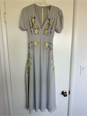 Women’s Gray Floral Embroidered V-Neck Dress - Yellow Accents